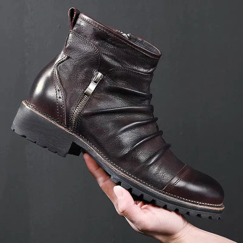 Men's black synthetic leather cowboy boots with a side zipper and a mid-height shaft on a white background.