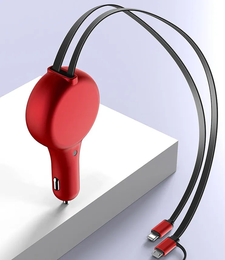 Black retractable car charger showing Type-C and iPhone charging ports with retracted cables