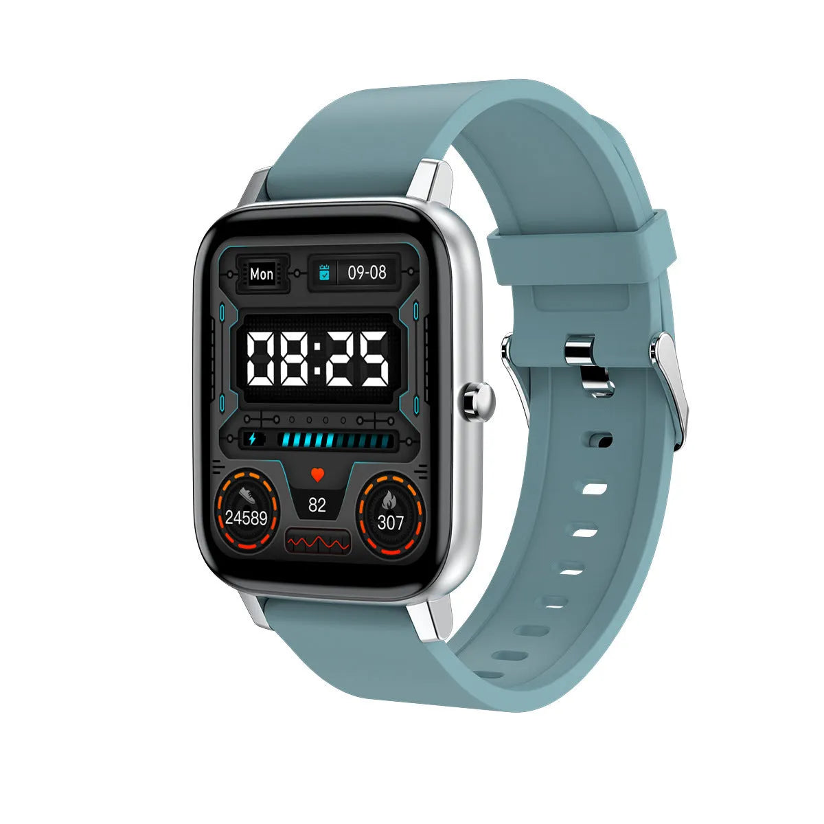 H80 sports smart watch with silicone strap on a wrist, showing a watch face displaying heart rate and blood oxygen data.