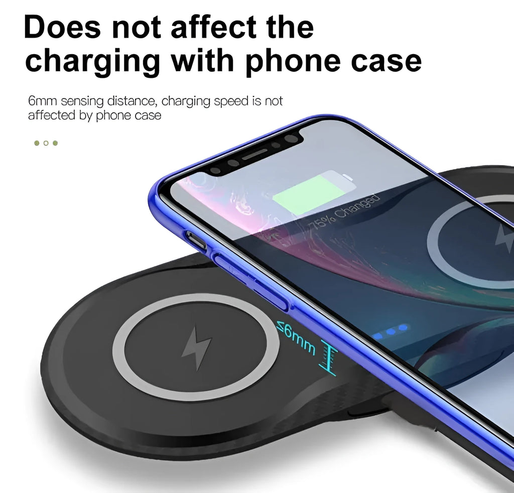 Black and white dual wireless charger charging two phones simultaneously with type-C cable