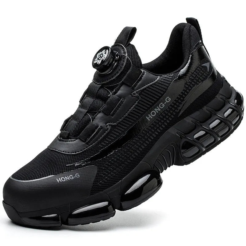 Lightweight black industrial safety shoes with steel toe cap and lace-up front