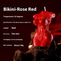A bikini-shaped low temperature candle made from soy wax, shown in rose red, spring pink, and lilac purple colour options.