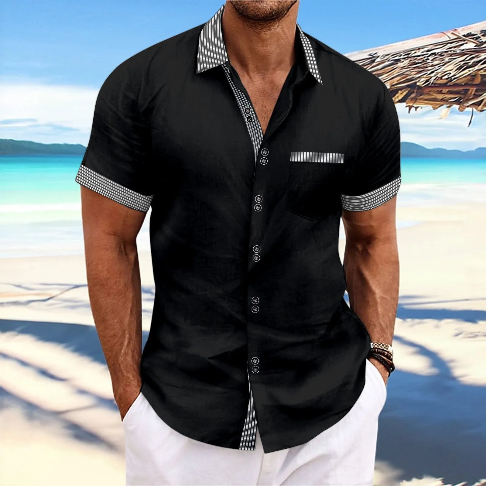 Man wearing a slim fit striped short sleeve cotton shirt with a double button front closure.