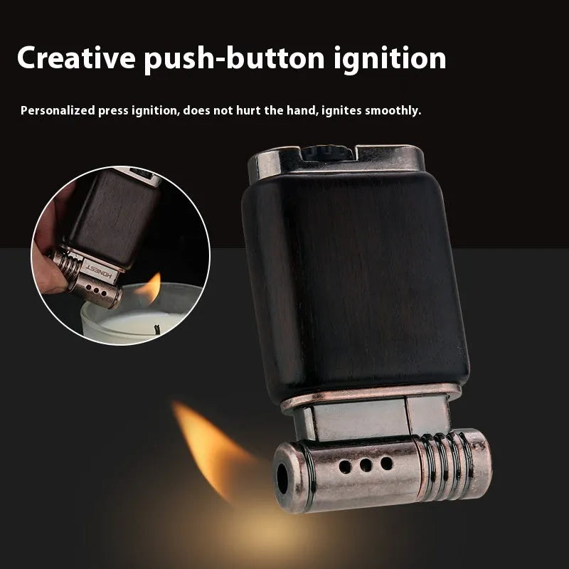 Ebony gas lighter with decorative wood finish in metal construction