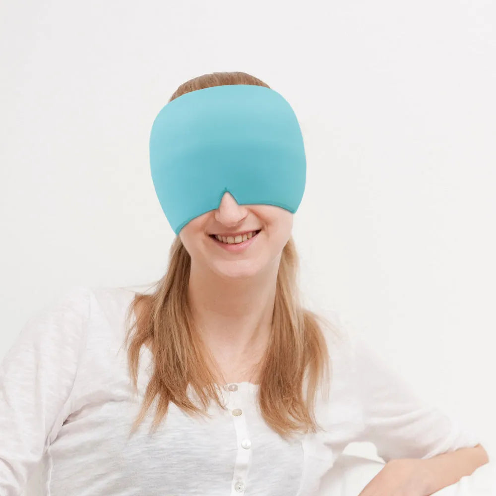 Black adjustable cold compress gel eye mask for headache relief on a plain background.