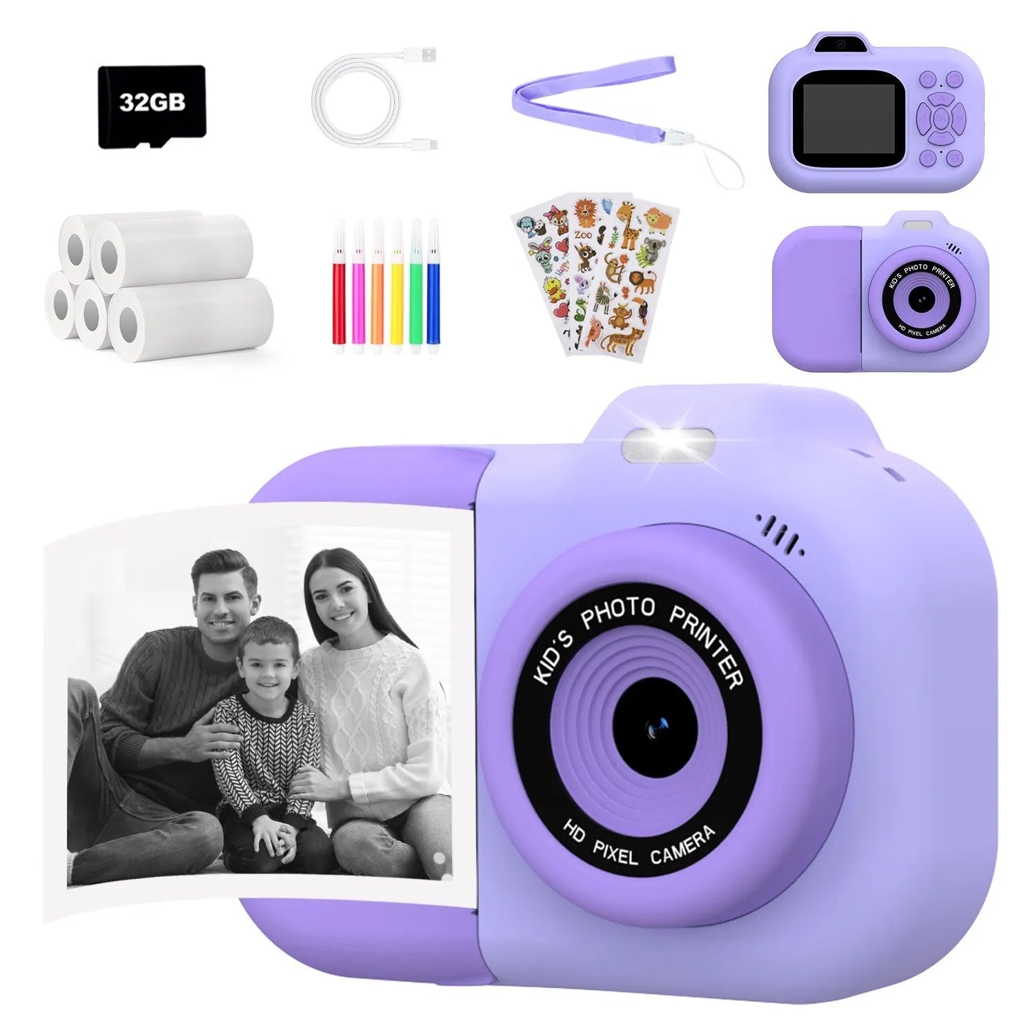 Children's digital camera toy in pink, blue or purple colours with video recording and photography functions