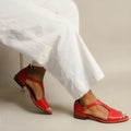 Red women's plus size casual sandals with square buckle and herringbone toe holder