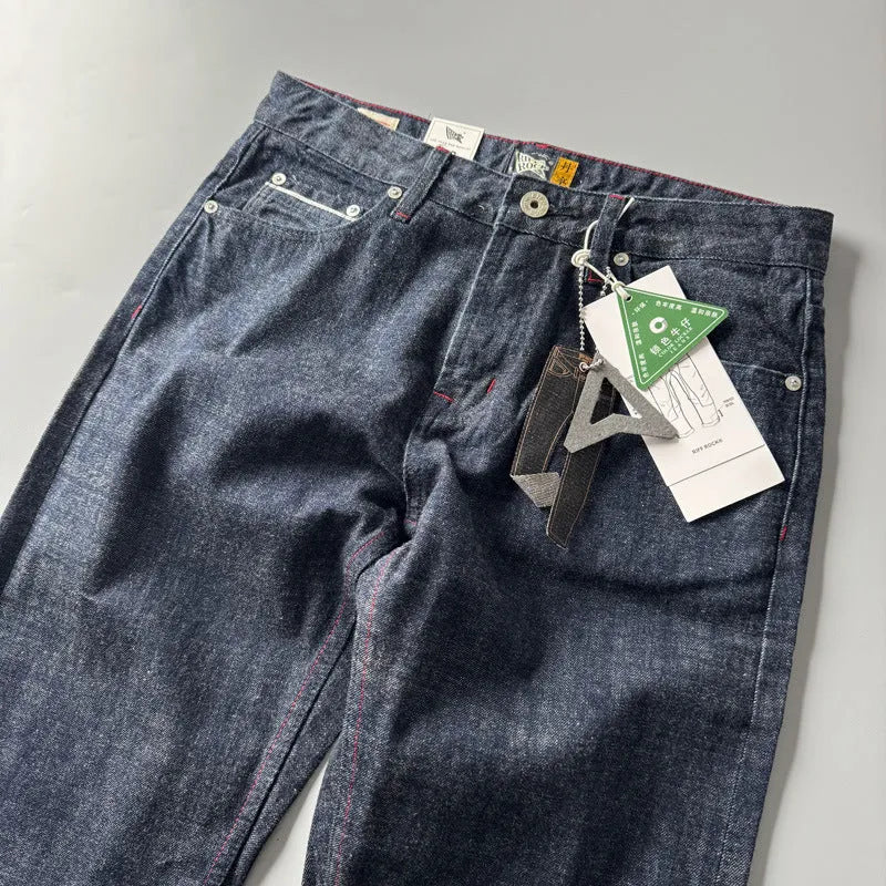 Men's straight leg cotton denim trousers in primary colour showing retro American style
