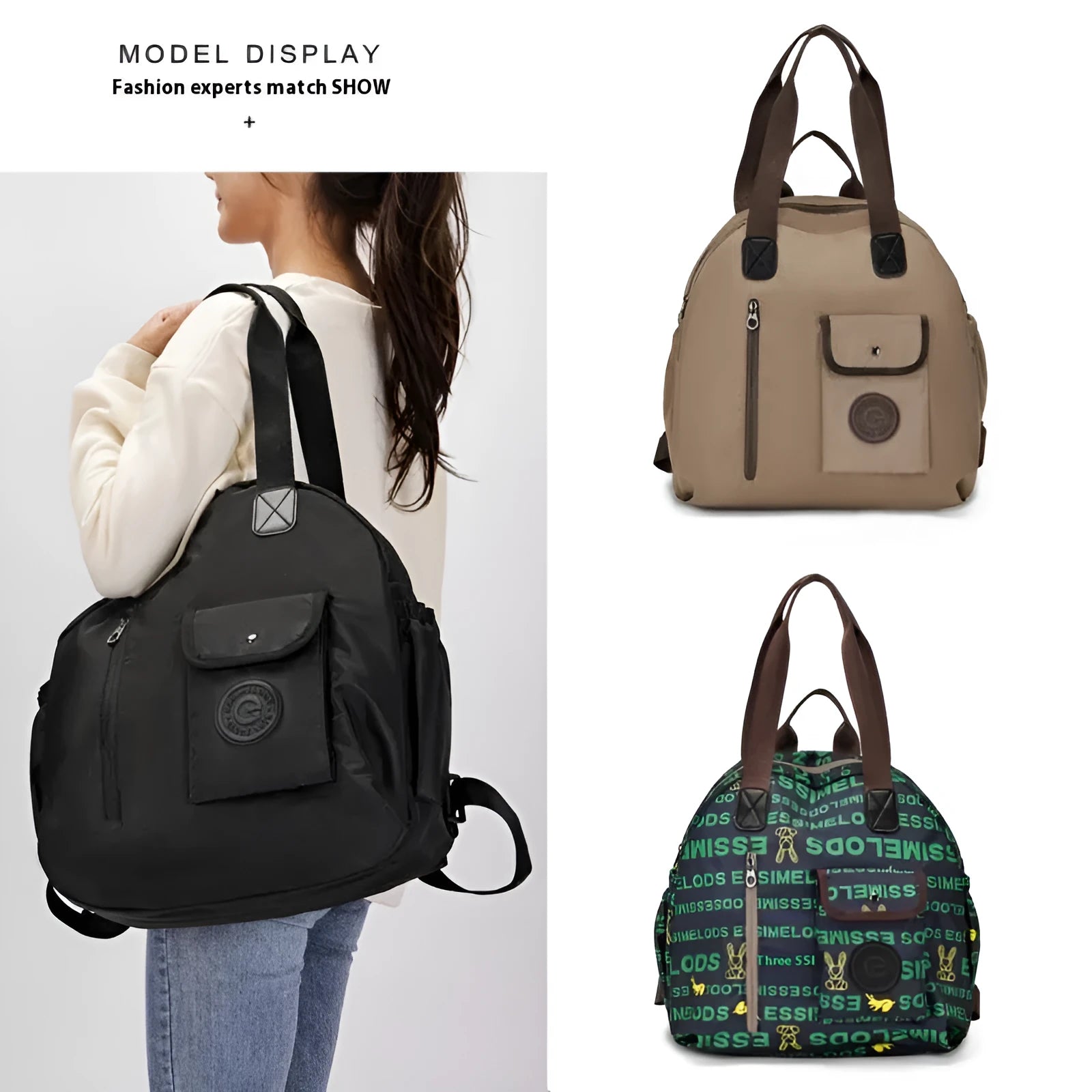 Women's lightweight nylon backpack in black, khaki, or green letter rabbit colours showing sandwich pocket design