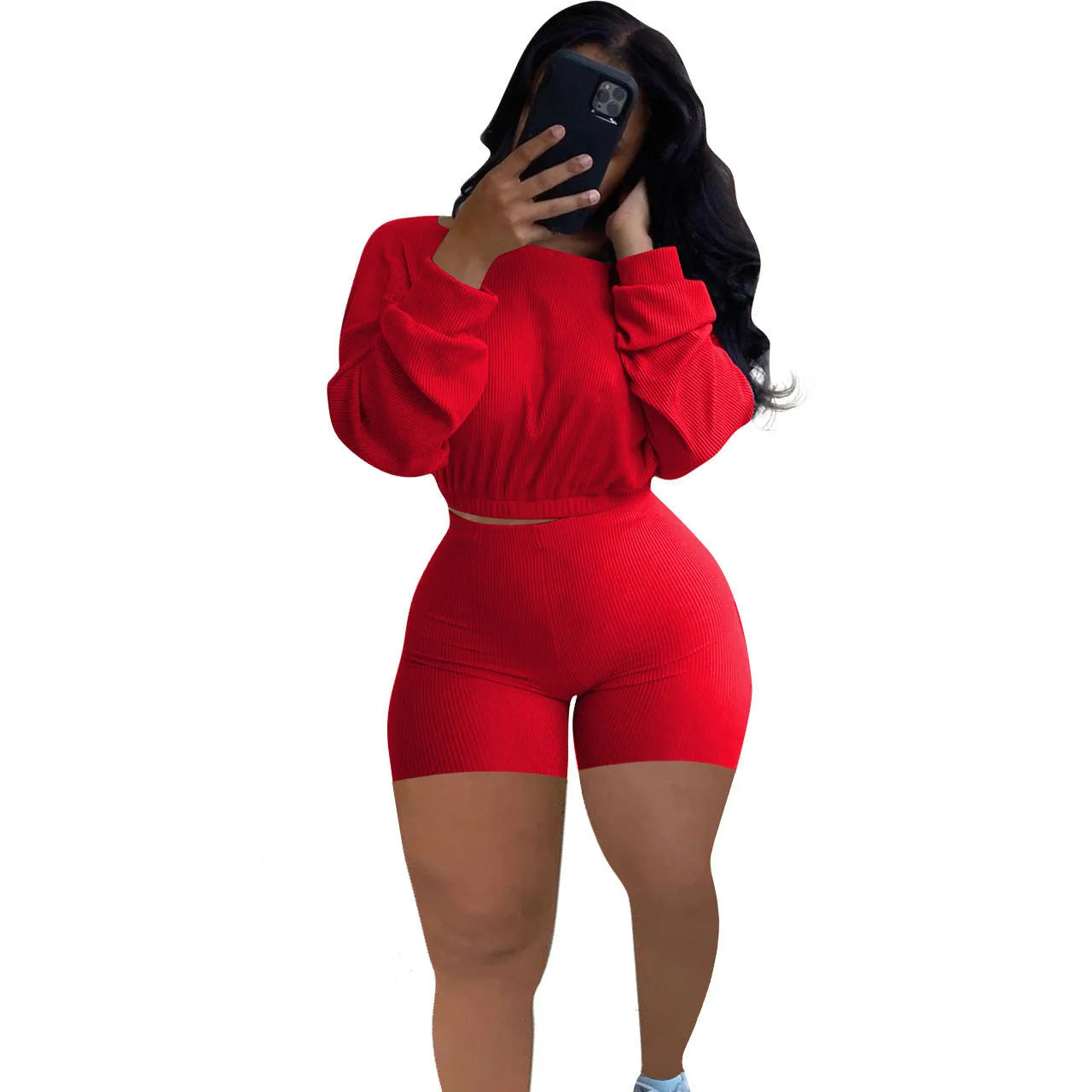 Women's sunken stripe solid colour off-the-shoulder two-piece set with long sleeves and shorts.