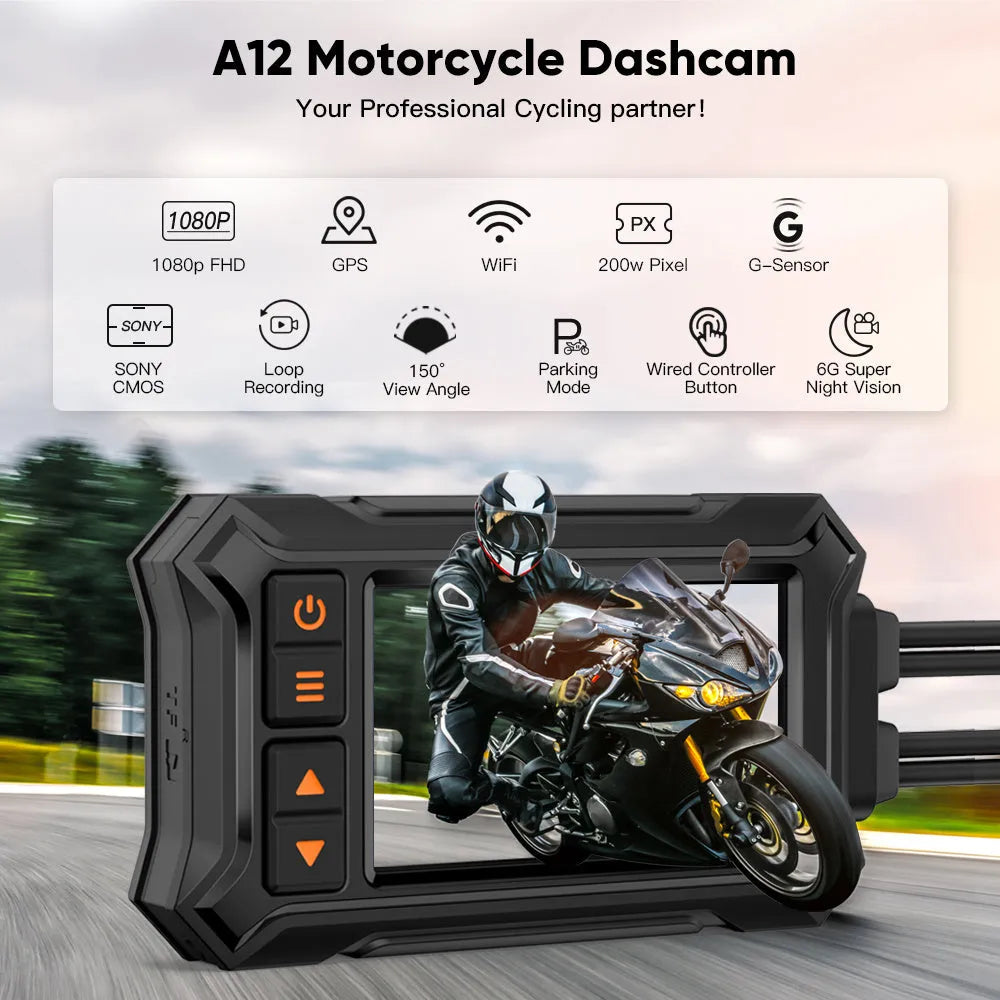 3 inch motorcycle dashcam with dual lenses, GPS module, and installation cables on a motorcycle handlebar.