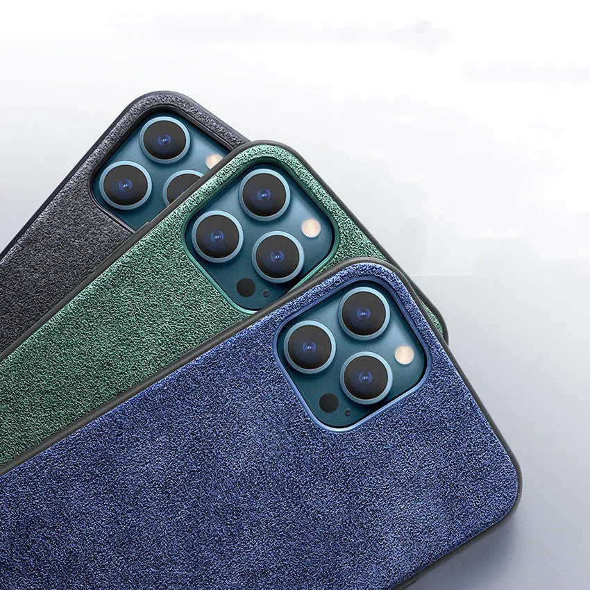 Suede back cover phone case for iPhone in elegant black, dark night green and dark blue.