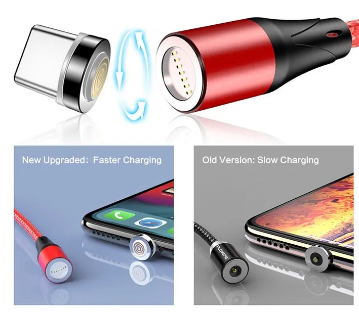 Black magnetic data cable with LED light showing iPhone and Android compatibility