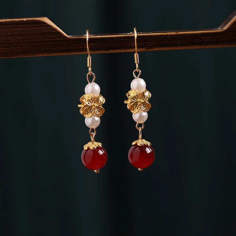 Vintage court style geometric drop earrings with electroplated finish for han cheongsam outfits