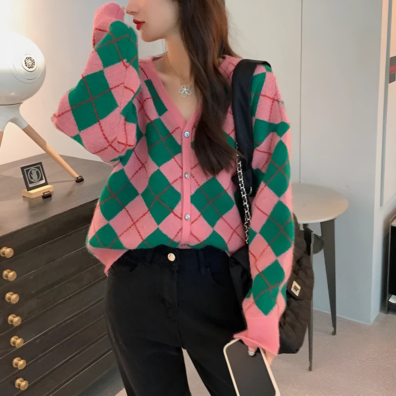 Acrylic knit casual cardigan coat in macaron colours: pink, green, black, dark khaki, light khaki.
