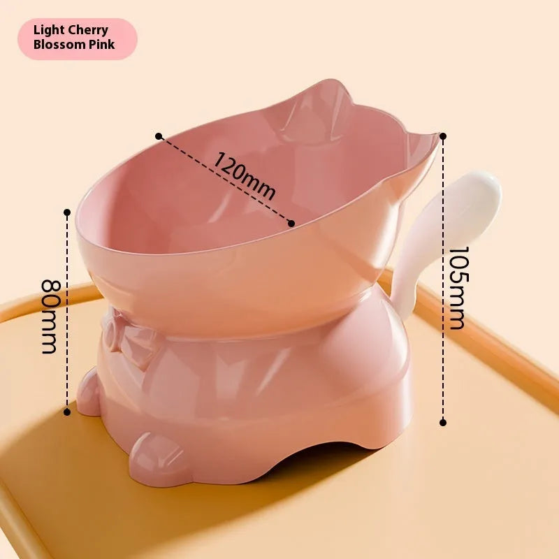 Stainless steel oblique anti-fall cat bowl in black, blue, pink, and yellow colour options.