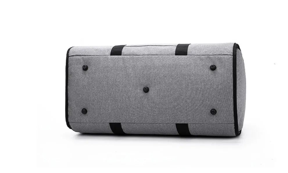 Cylinder-shaped medium travel bag in Oxford cloth, shown in black, blue, light grey, or red colour options.