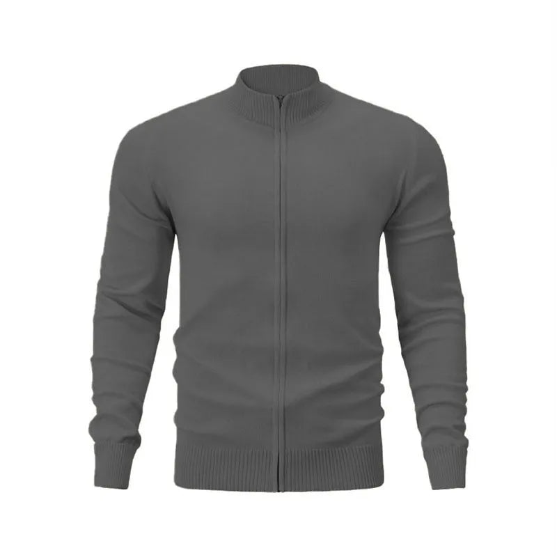 Man wearing a zip-front cotton cardigan in a solid colour, showcasing the stand collar and loose fit.