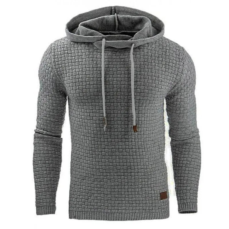 Men's black cotton-polyester blend hooded sweatshirt laid flat, showing front design and hood.