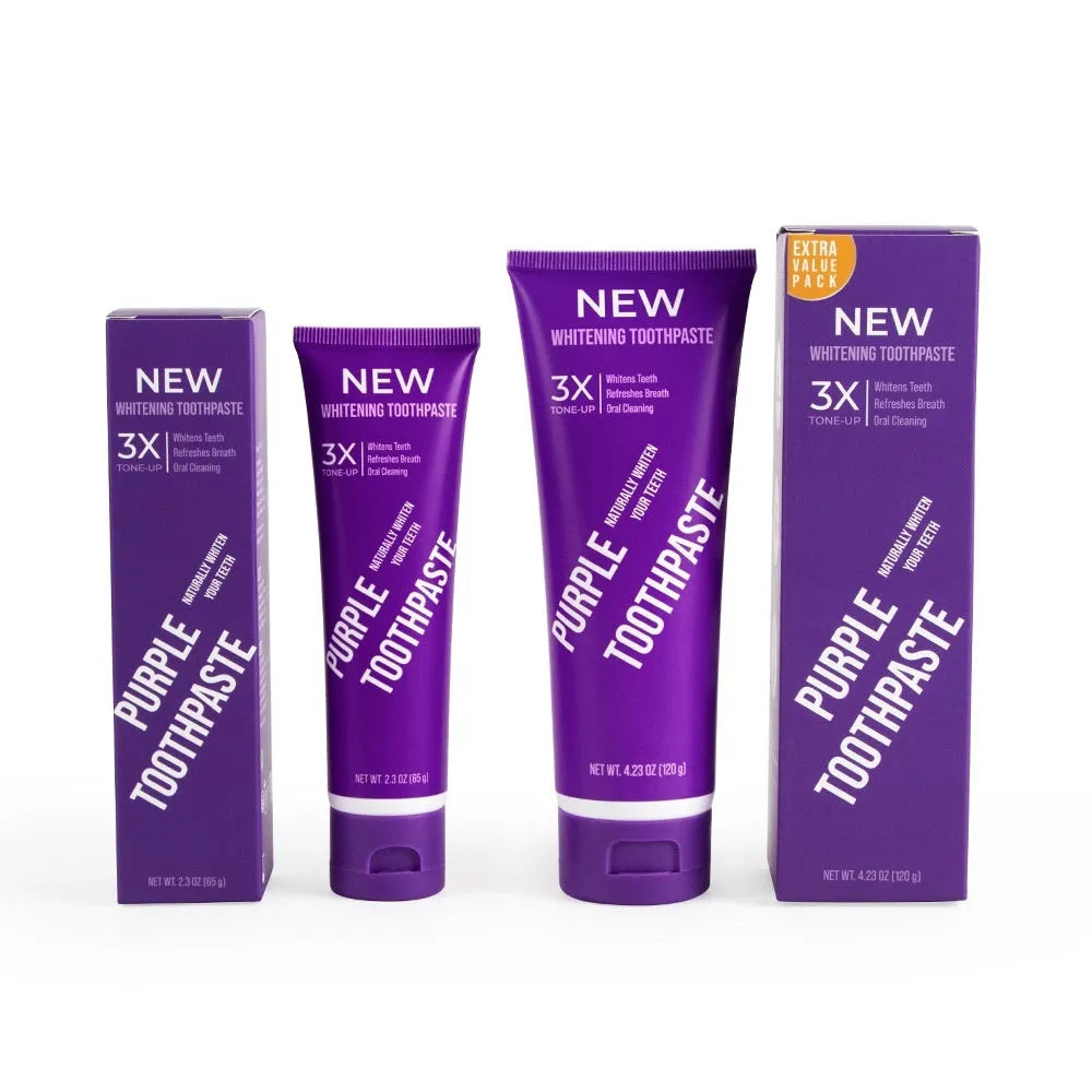 Purple whitening toothpaste tube for adults in 120g and 65g sizes