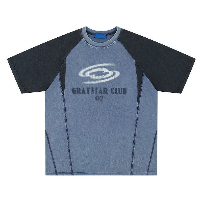 Men's blue hip hop letter print t-shirt with raglan sleeves and loose fit cotton construction