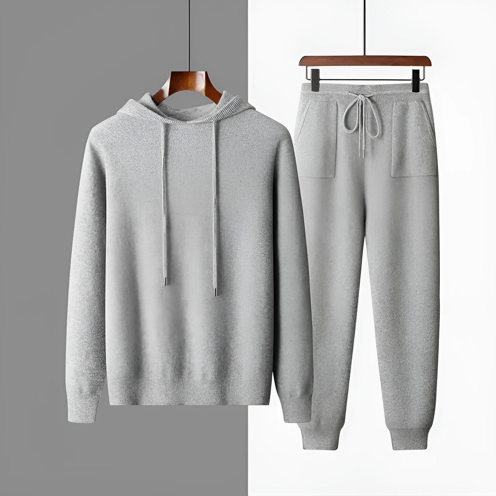 Men's light grey cashmere hoodie and trousers set for winter casual wear