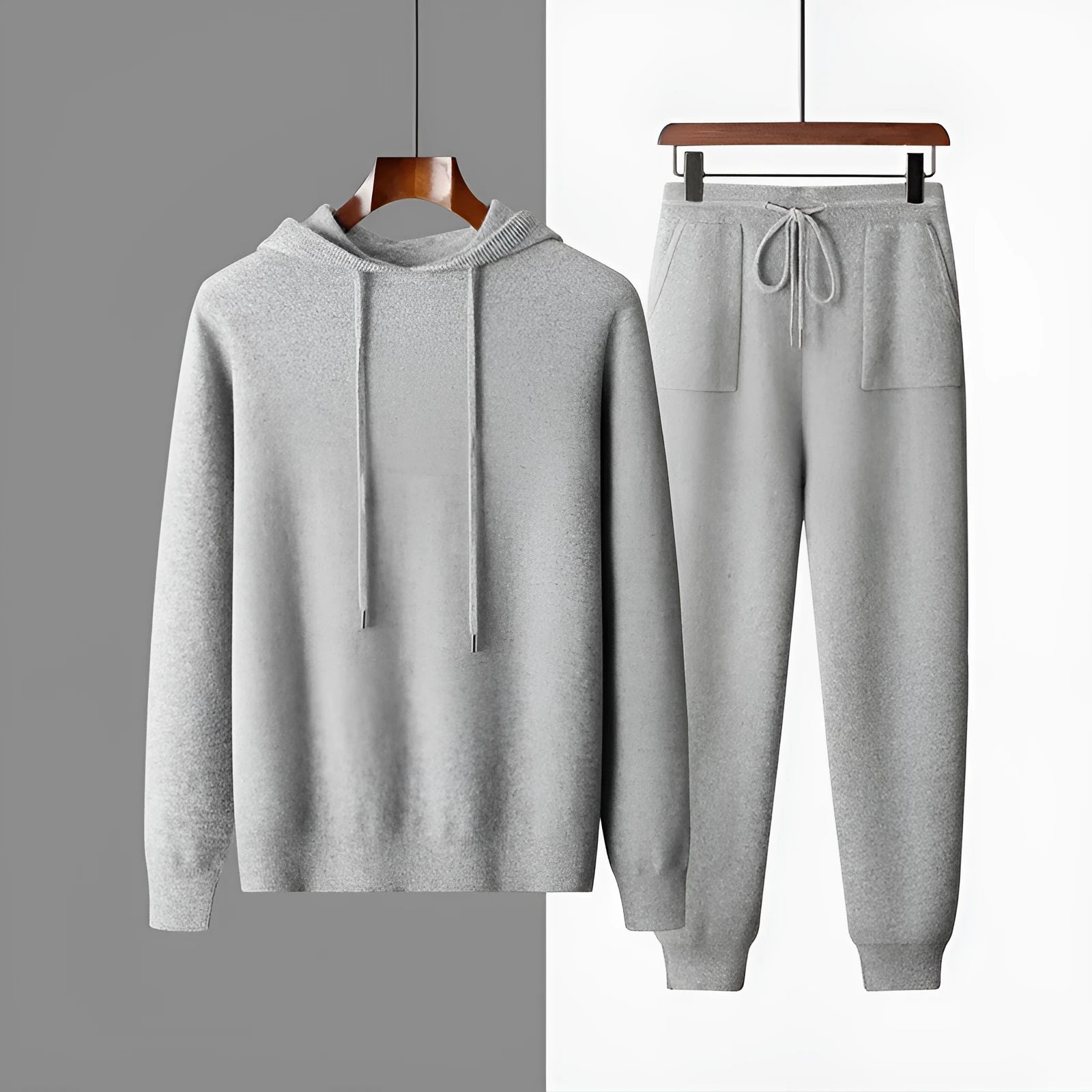 Men's light grey cashmere hoodie and trousers set for winter casual wear