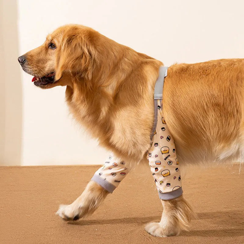Adjustable dog knee protector with elbow padding and matching scarf in blue, grey or yellow colours