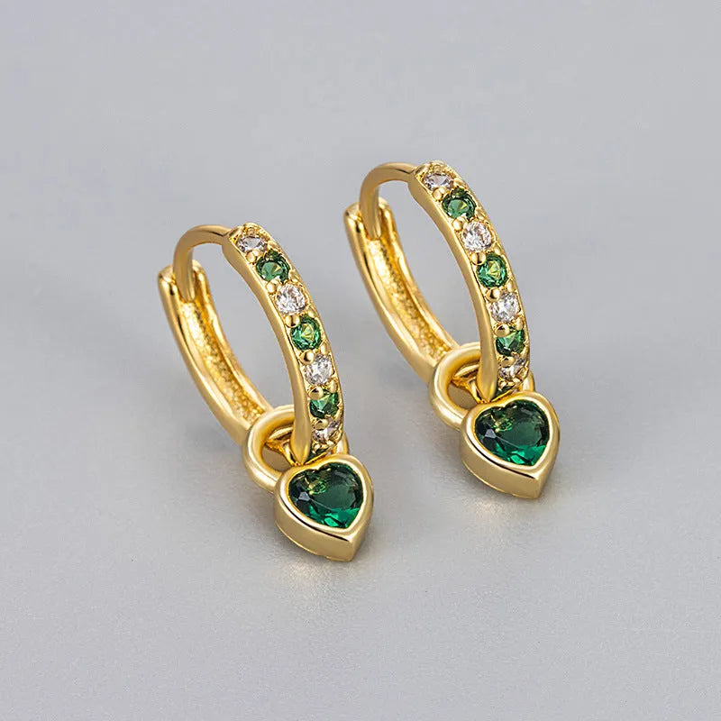 Women's heart drop earrings with coloured gemstone in gold or white gold colour metal