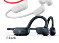 Black air conduction wireless earphones with a titanium alloy hook frame displayed on a white background.