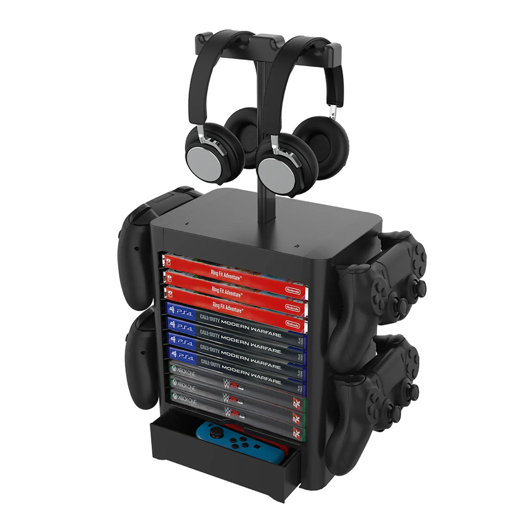 Black ABS gaming accessory rack holding controllers, headphones, and with drawer open showing game cards