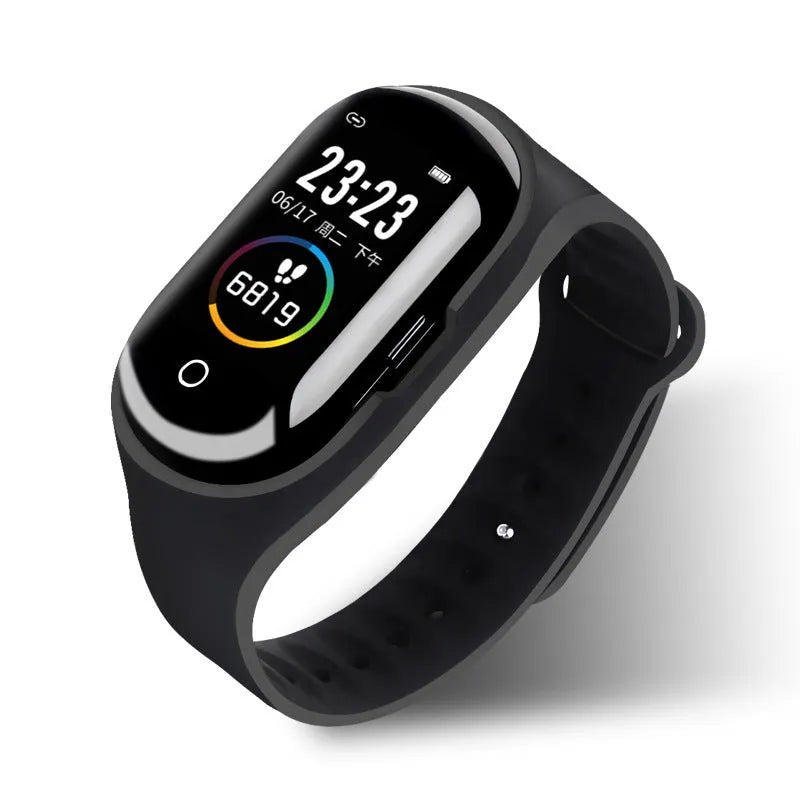 Blue smart bracelet with 1-inch touchscreen and wireless earphones for fitness tracking and calls