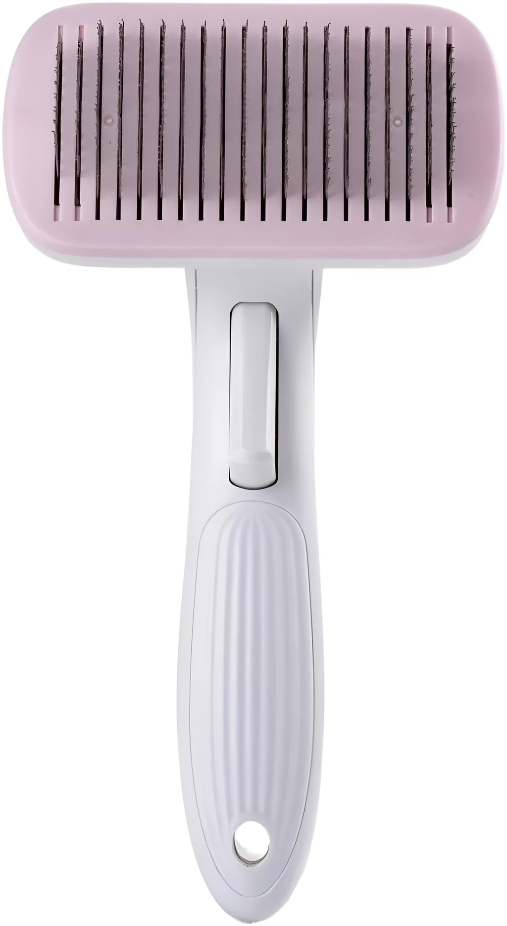 Automatic pet hair removal comb for dogs and cats in blue, grey, green or pink.