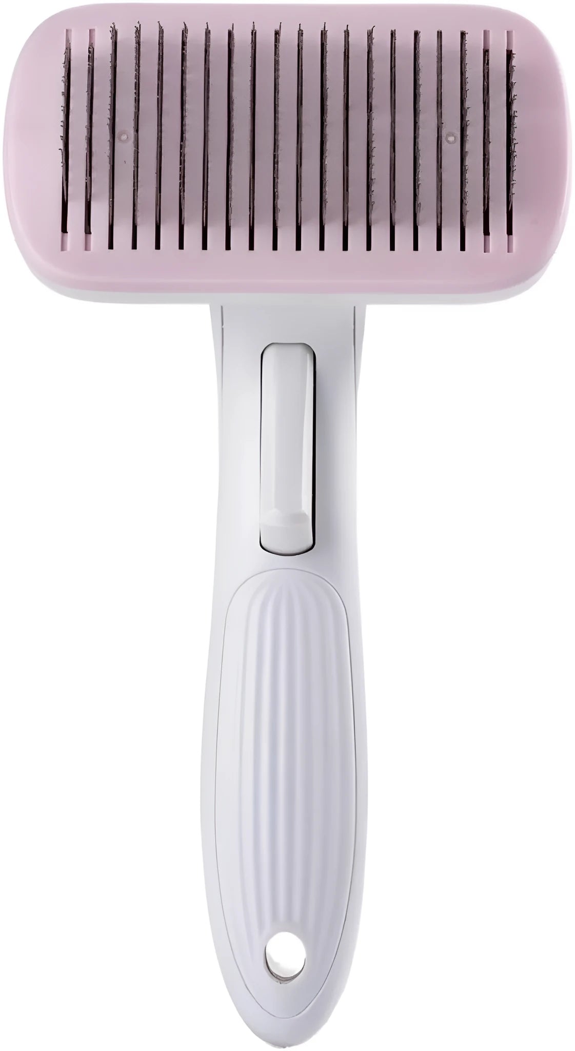 Automatic pet hair removal comb for dogs and cats in blue, grey, green or pink.