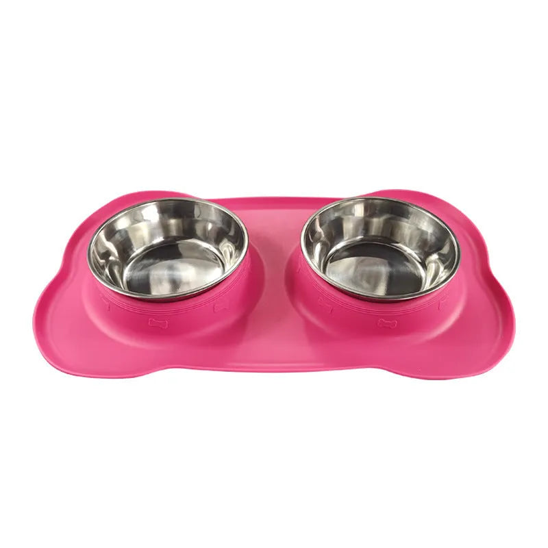 Large black silicone dog bowl seated inside a weighted stainless steel base
