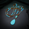 Turquoise water drop pendant fashion necklace with heart-shaped mixed gem inlay on ball bead chain