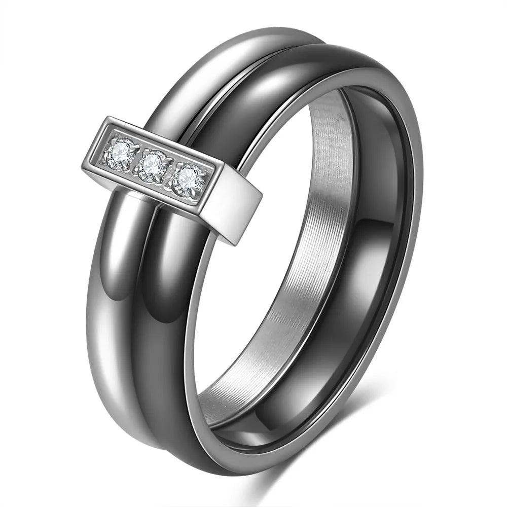 Geometric ceramic women's ring with glossy stitching and zirconium inlay in Steel Black finish