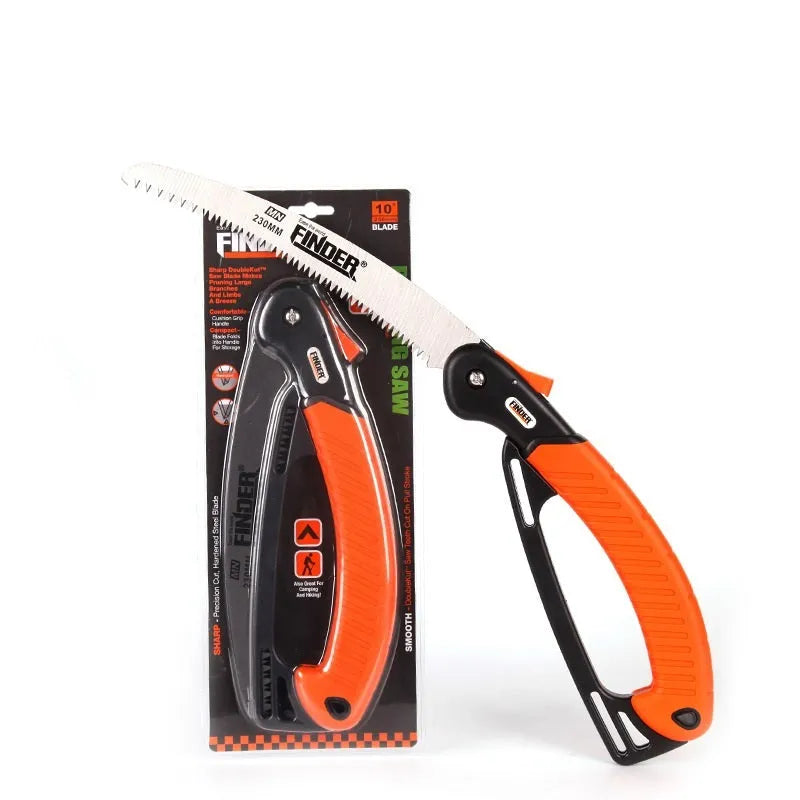 Garden folding saw with extended 230mm blade and TPR grip handle shown alongside folded configuration