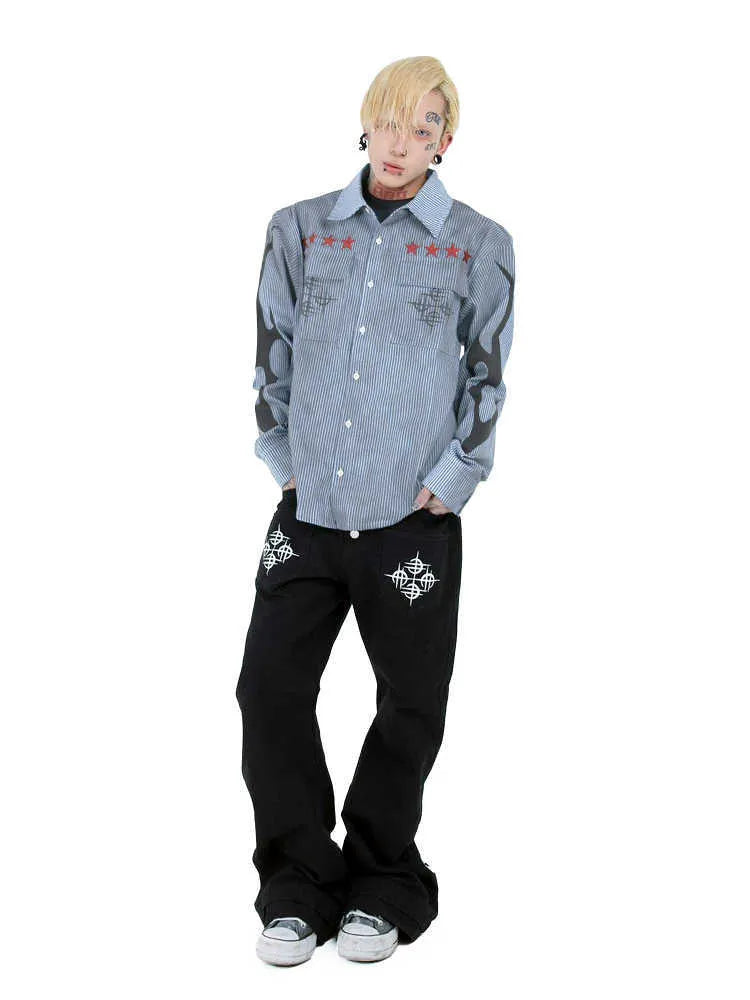 Men's washed blue striped casual shirt with lapel collar and long sleeves on hanger