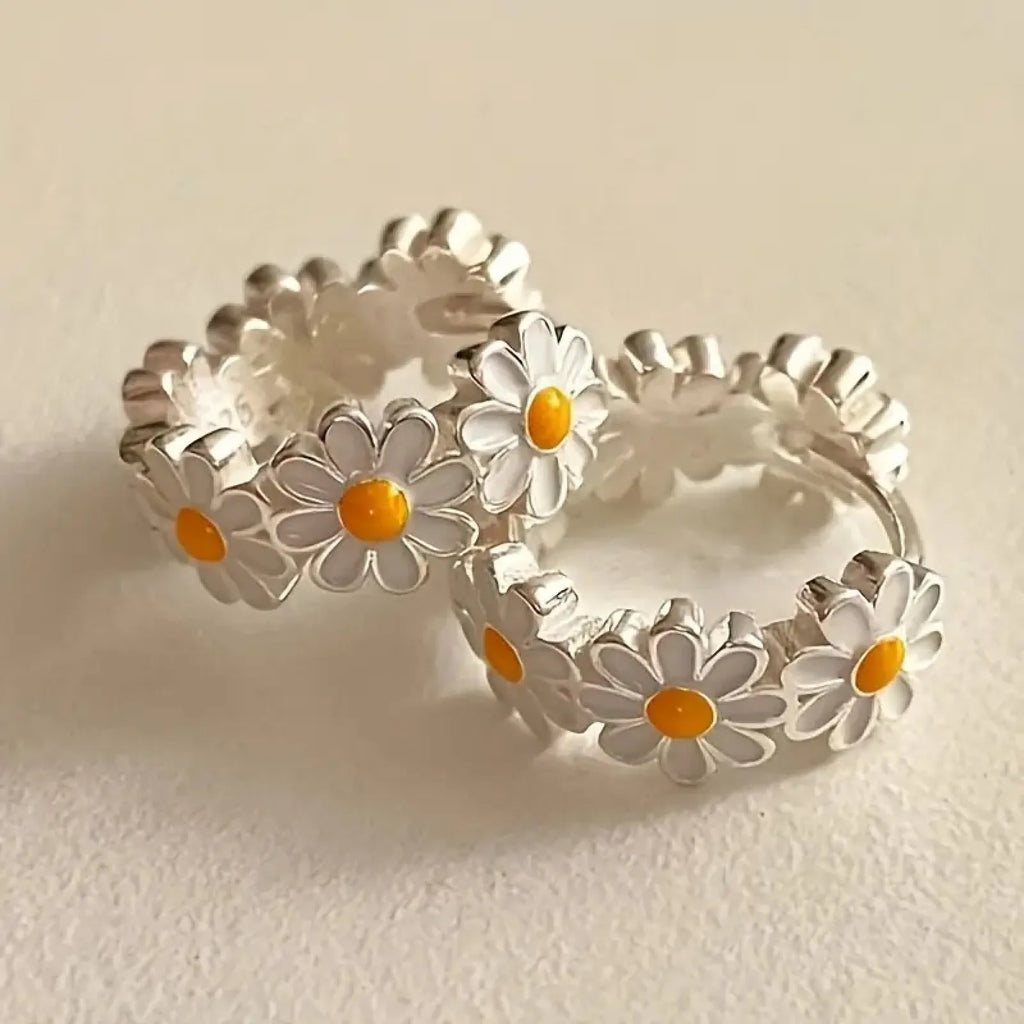 White daisy flower ring earrings with gemstone inlay and platinum electroplated finish