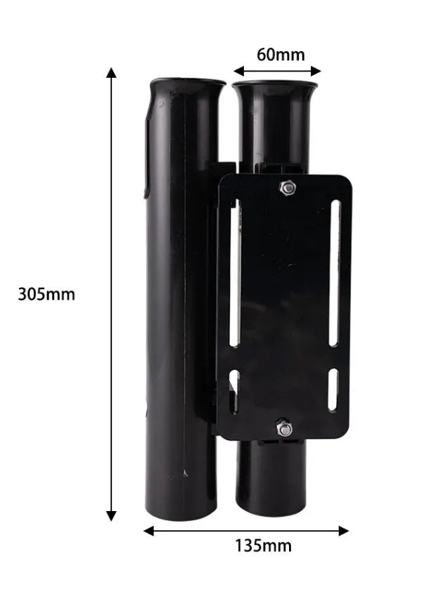 Plastic double-layer fishing rod rack clamped onto a bicycle frame tube