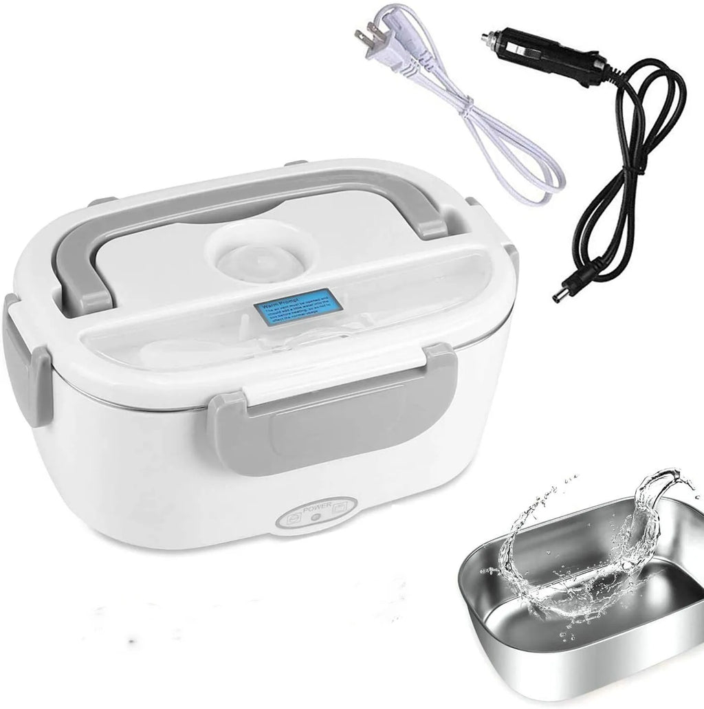 Grey electric heating lunch box with stainless steel inner tank for car and home use