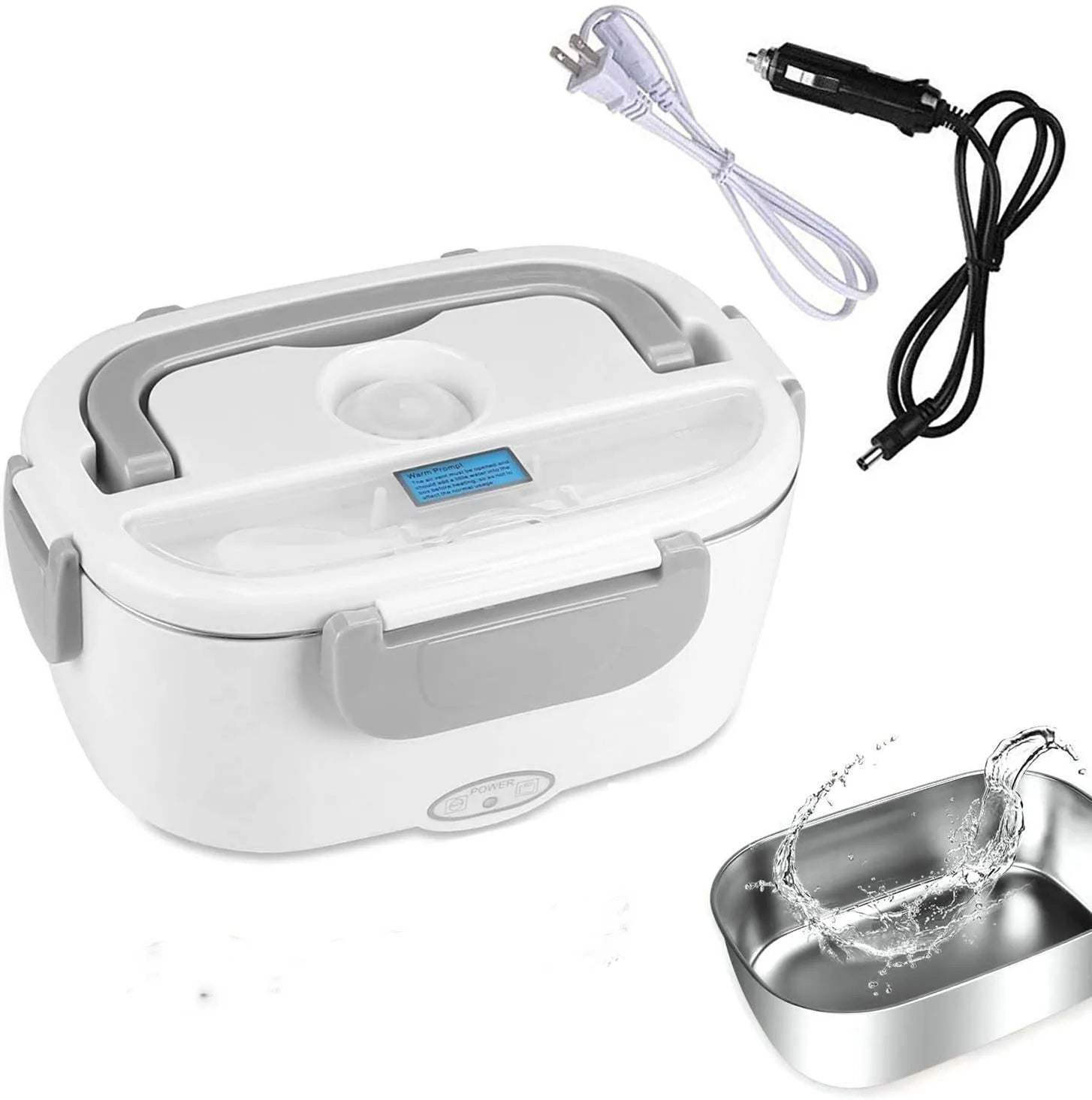 Grey electric heating lunch box with stainless steel inner tank for car and home use