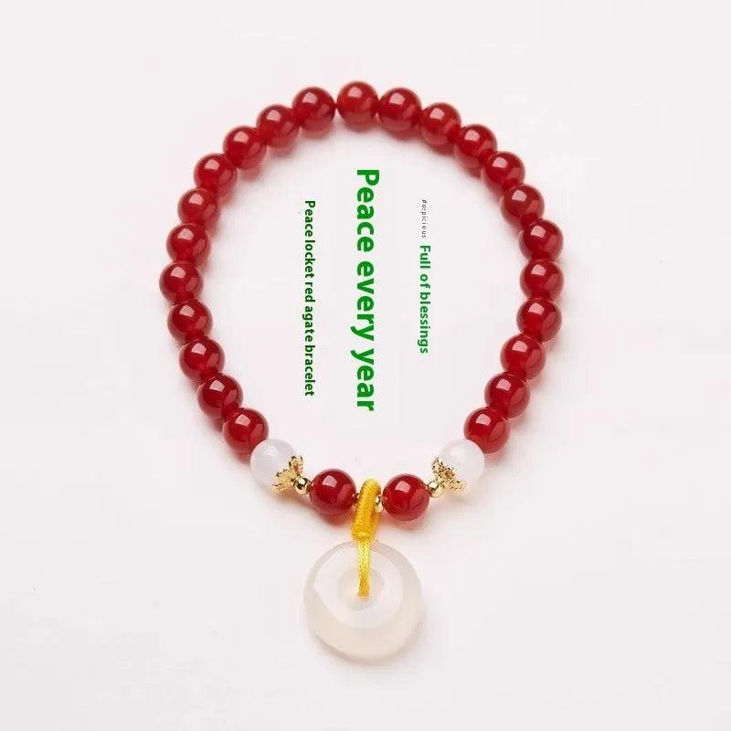 Handmade natural jade peace buckle bracelet with 6mm emerald and red agate beads