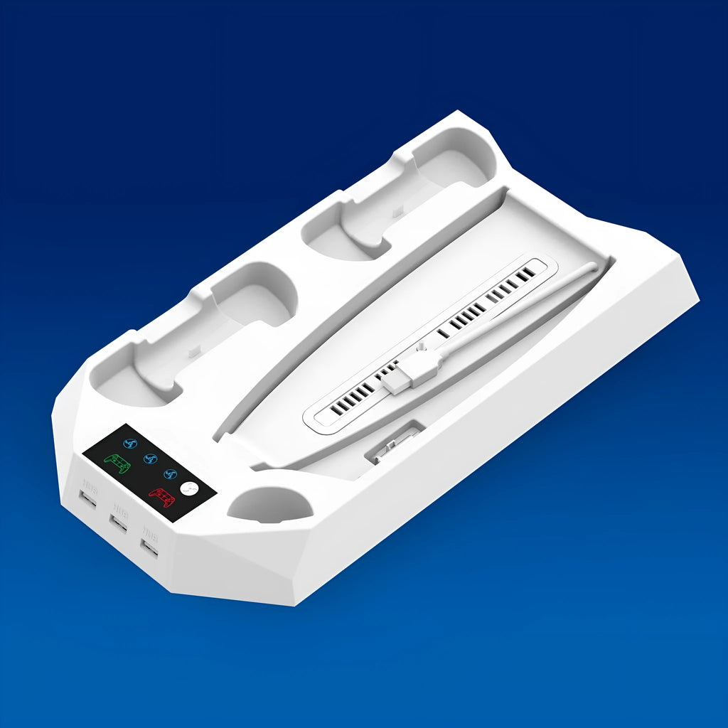 PS5 charging base radiator station in black or white with USB ports for controller charging and cooling functions