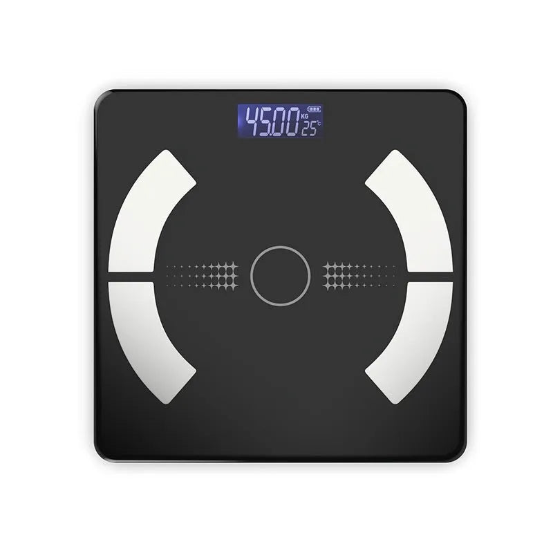 Smart Bluetooth rechargeable body fat scale in white, on a bathroom floor.