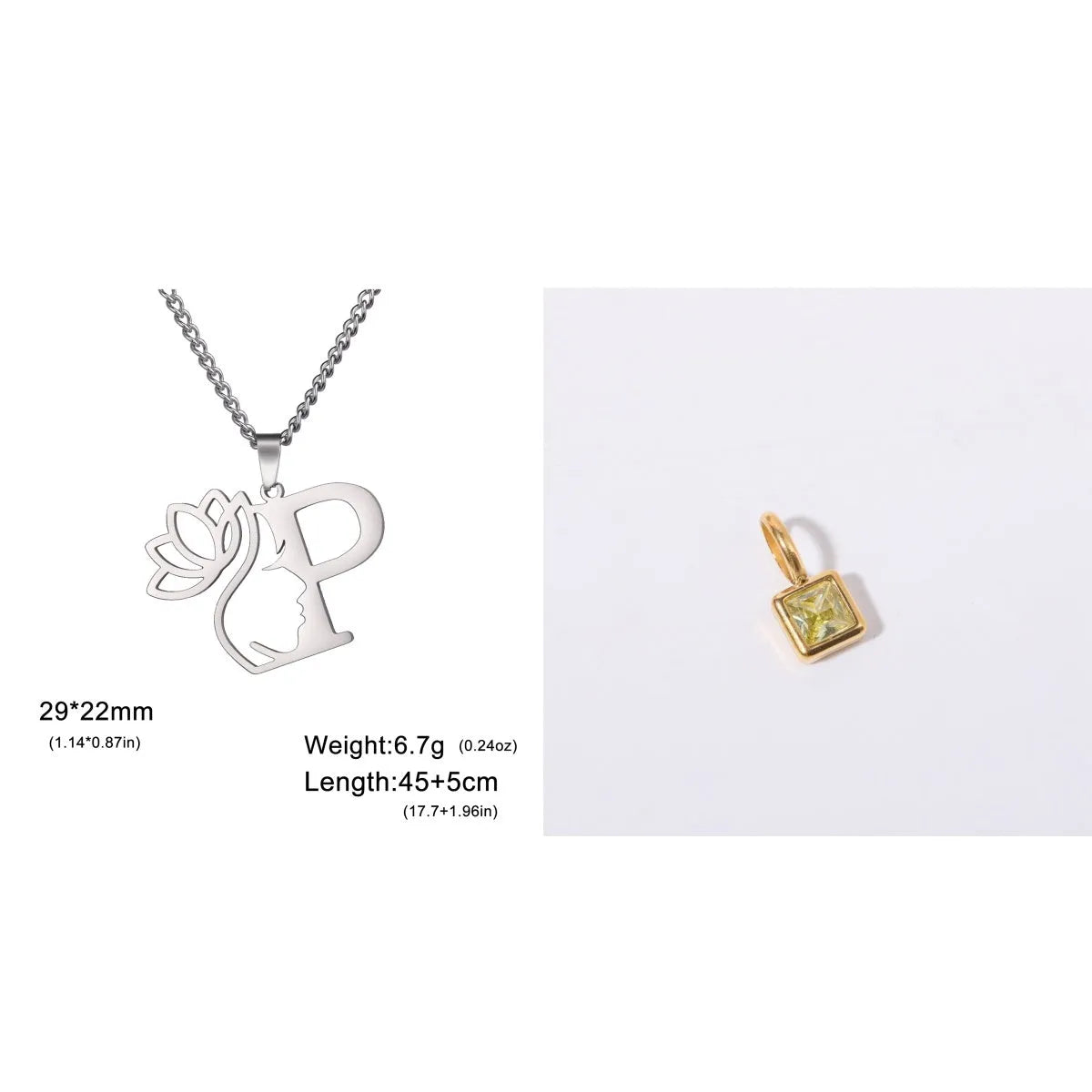 Stainless steel necklace with cross chain design and single letter pendant in gold or silver electroplated finish