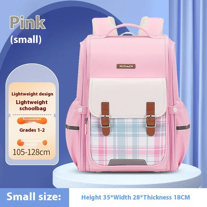 Lightweight Oxford cloth school backpack for students in navy blue, shown in a classroom setting.