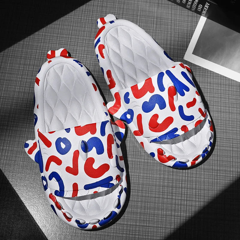 Open-toe EVA foam home slippers with shark design in beige, black, grey, and white colours.