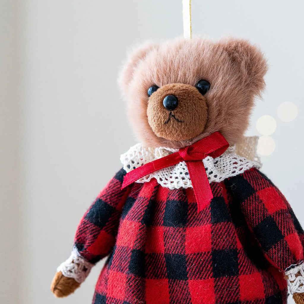 Cartoon-style plush bear couple set showing princess bear and gentleman bear with plaid suit design in soft cloth fabric